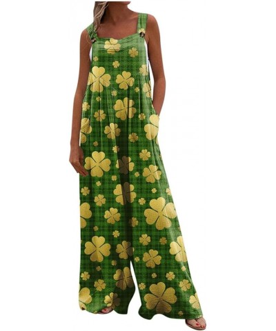 Womens St Patricks Day Jumpsuits Wide Leg Long Pants Sleeveless Adjustable Strap Rompers Shamrock Print Bib Overalls 3-yellow...