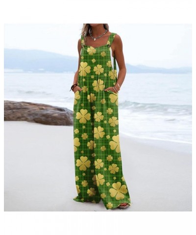 Womens St Patricks Day Jumpsuits Wide Leg Long Pants Sleeveless Adjustable Strap Rompers Shamrock Print Bib Overalls 3-yellow...