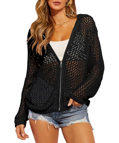 Womens Crochet Lightweight Cardigans Zip Up Hooded Long Sleeve Knit Sweaters Mesh Beach Swim Cover Up Black $19.59 Sweaters