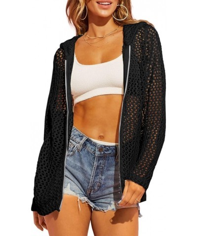 Womens Crochet Lightweight Cardigans Zip Up Hooded Long Sleeve Knit Sweaters Mesh Beach Swim Cover Up Black $19.59 Sweaters