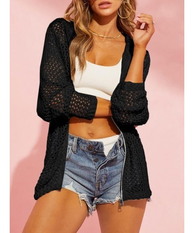 Womens Crochet Lightweight Cardigans Zip Up Hooded Long Sleeve Knit Sweaters Mesh Beach Swim Cover Up Black $19.59 Sweaters