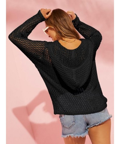 Womens Crochet Lightweight Cardigans Zip Up Hooded Long Sleeve Knit Sweaters Mesh Beach Swim Cover Up Black $19.59 Sweaters