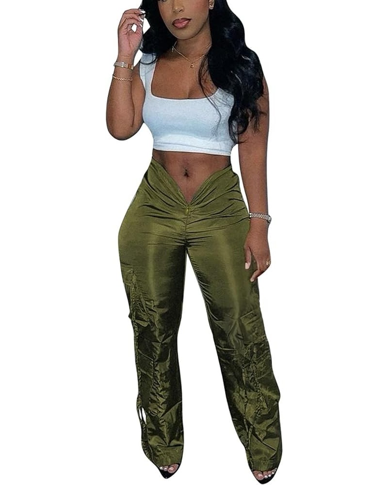 Women's Cargo Zipper Pants with Pockets Solid Ruch Drawstring V-Shaped Design Low Waist Joggers Casual Pants Armygreen $19.68...