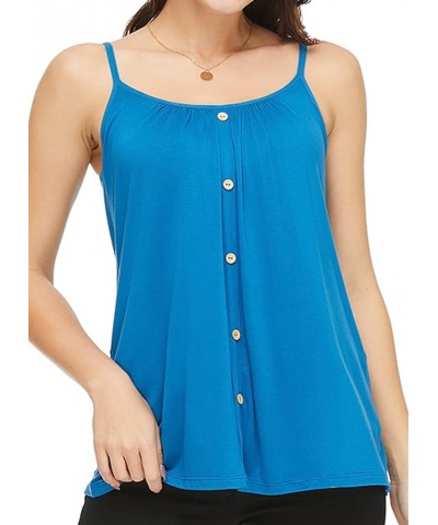 Women's Tank Top with Built in Padded Bra Cotton Shirred Flowly Relaxed Cami Adjustable Straps Camisole with Pleats Blue-341 ...