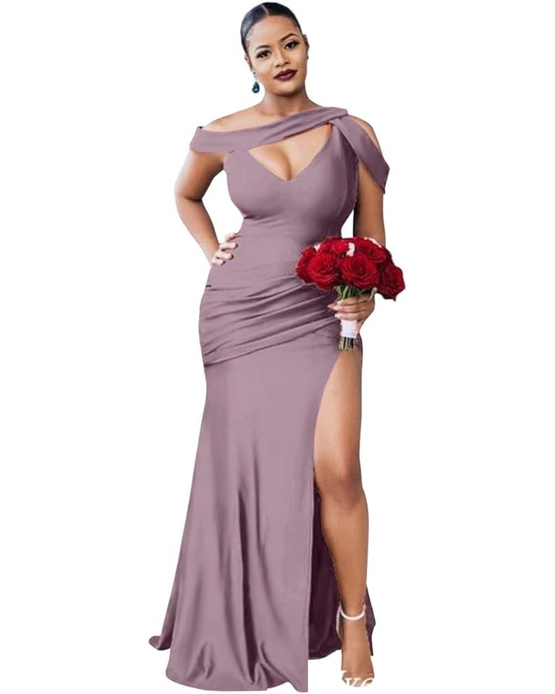 One Shoulder Bridesmaid Dresses for Wedding Long with Slit Satin Prom Dresses Mermaid Formal Evening Gowns for Women Wisteria...