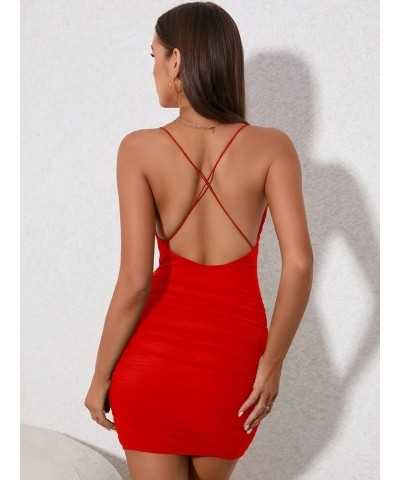 Women's Ruched Bodycon Mini Dress Summer Spaghetti Strap Party Club Dresses Mesh Fabric A Red $18.62 Dresses