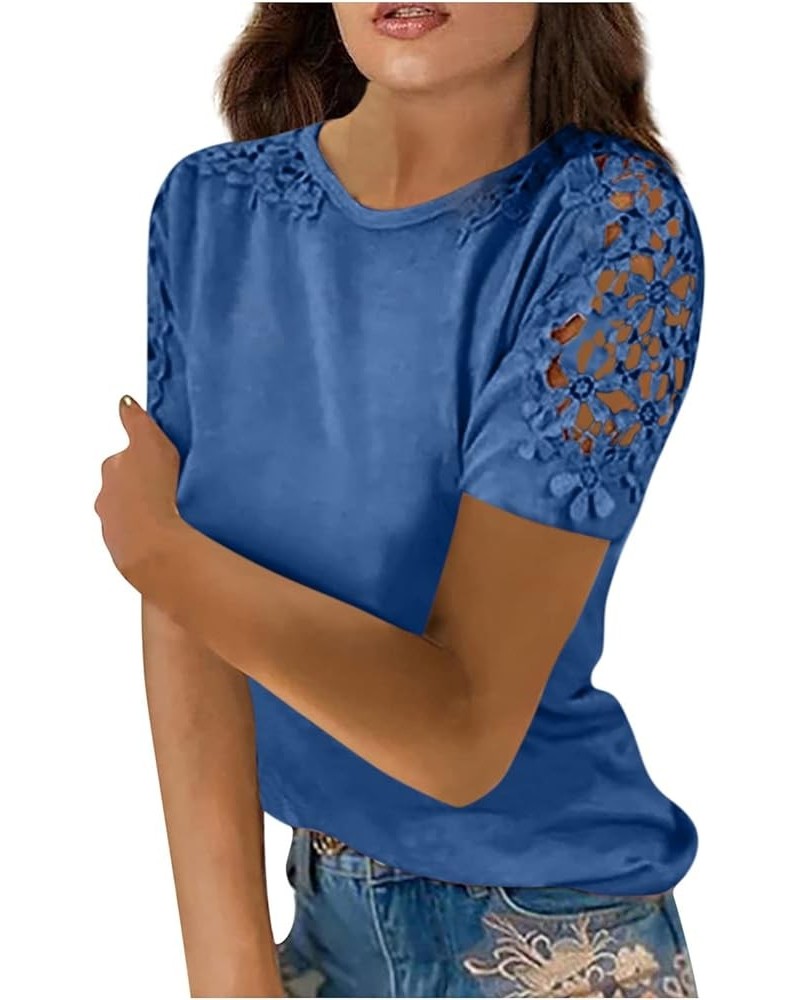 Summer Tops for Women 2023 Dressy Casual Hollow Short Sleeve Crewneck Boho Tops Fashion Plus Size Blouses T-Shirts A Blue $8....