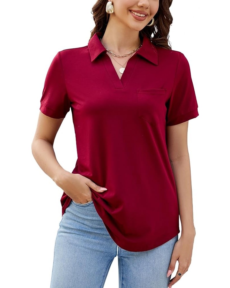 Womens Business Casual Tops Collared V Neck Office Work Shirts Dressy Loose Fit Tunic Blouses (S-3XL) A-short Sleeve Wine Red...