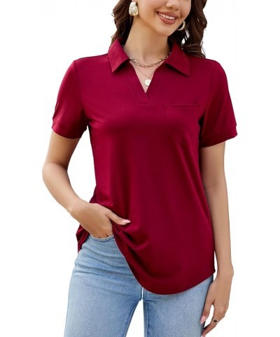 Womens Business Casual Tops Collared V Neck Office Work Shirts Dressy Loose Fit Tunic Blouses (S-3XL) A-short Sleeve Wine Red...