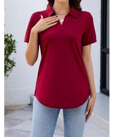 Womens Business Casual Tops Collared V Neck Office Work Shirts Dressy Loose Fit Tunic Blouses (S-3XL) A-short Sleeve Wine Red...