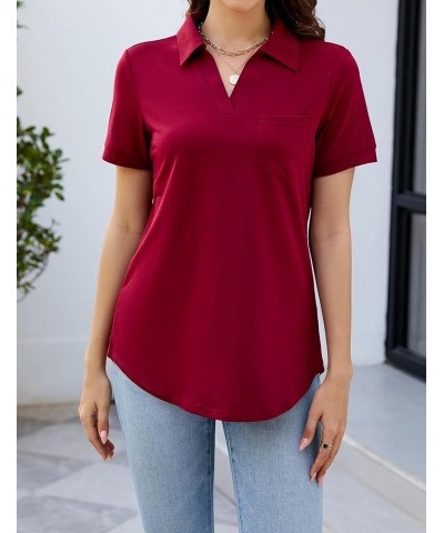 Womens Business Casual Tops Collared V Neck Office Work Shirts Dressy Loose Fit Tunic Blouses (S-3XL) A-short Sleeve Wine Red...