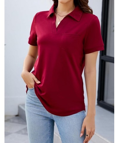 Womens Business Casual Tops Collared V Neck Office Work Shirts Dressy Loose Fit Tunic Blouses (S-3XL) A-short Sleeve Wine Red...