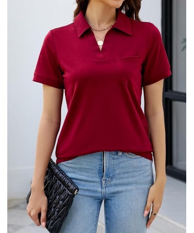 Womens Business Casual Tops Collared V Neck Office Work Shirts Dressy Loose Fit Tunic Blouses (S-3XL) A-short Sleeve Wine Red...