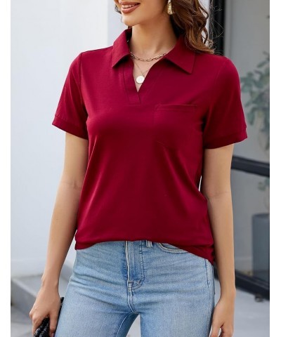 Womens Business Casual Tops Collared V Neck Office Work Shirts Dressy Loose Fit Tunic Blouses (S-3XL) A-short Sleeve Wine Red...