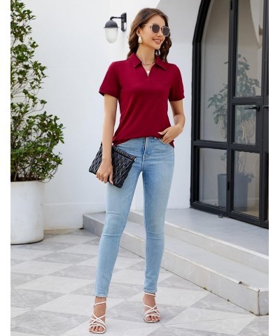 Womens Business Casual Tops Collared V Neck Office Work Shirts Dressy Loose Fit Tunic Blouses (S-3XL) A-short Sleeve Wine Red...