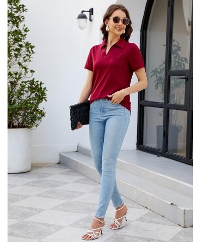 Womens Business Casual Tops Collared V Neck Office Work Shirts Dressy Loose Fit Tunic Blouses (S-3XL) A-short Sleeve Wine Red...