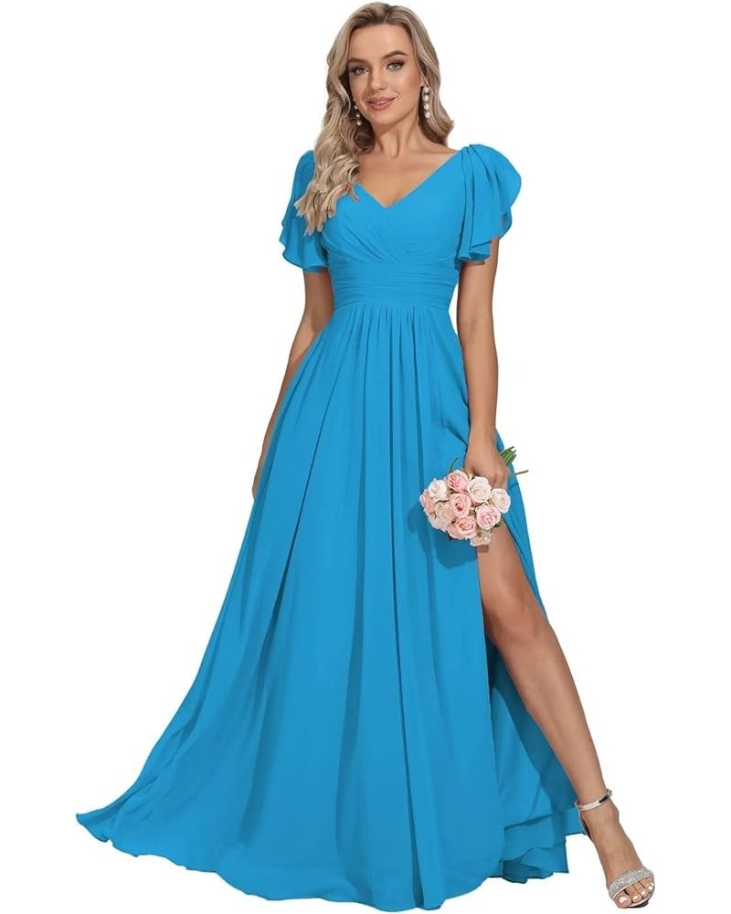 V Neck Bridesmaid Dresses with Flutter Sleeves High Slit Long Formal Wedding Guest Dresses for Women with Pockets Blue $36.94...