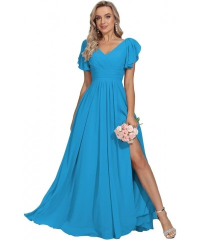 V Neck Bridesmaid Dresses with Flutter Sleeves High Slit Long Formal Wedding Guest Dresses for Women with Pockets Blue $36.94...