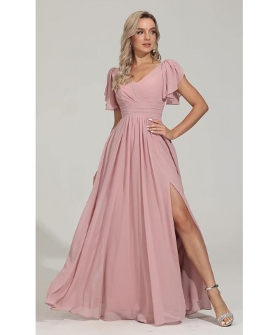 V Neck Bridesmaid Dresses with Flutter Sleeves High Slit Long Formal Wedding Guest Dresses for Women with Pockets Blue $36.94...