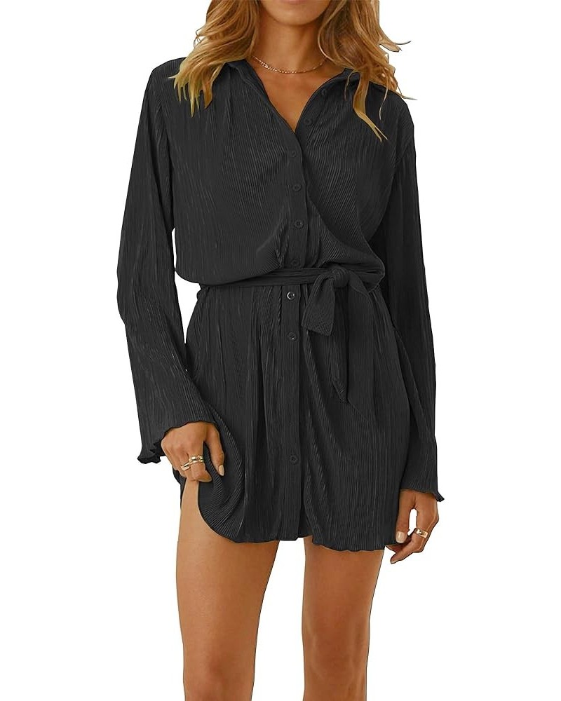 Womens Pleated Dress Long Sleeve Button Down Casual Mini Shirt Dresses with Belt and Pockets Vintage Streetwear AD1 Black Wit...