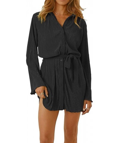 Womens Pleated Dress Long Sleeve Button Down Casual Mini Shirt Dresses with Belt and Pockets Vintage Streetwear AD1 Black Wit...