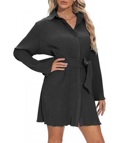 Womens Pleated Dress Long Sleeve Button Down Casual Mini Shirt Dresses with Belt and Pockets Vintage Streetwear AD1 Black Wit...