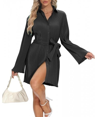 Womens Pleated Dress Long Sleeve Button Down Casual Mini Shirt Dresses with Belt and Pockets Vintage Streetwear AD1 Black Wit...