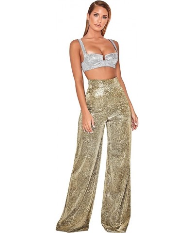 Women's Sexy High Waist Wide Leg Palazzo Lounge Pants Metallic Glitter Bell Bottoms Trousers Rave Party Gold $14.85 Pants