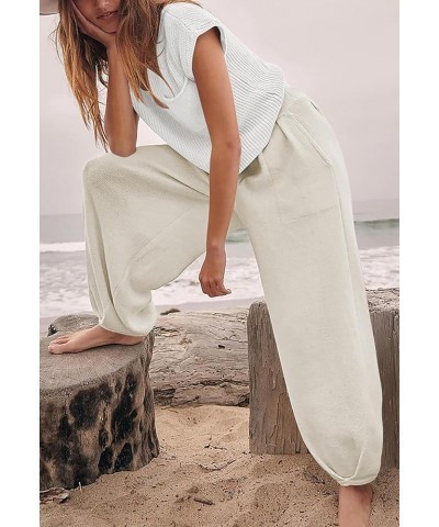 Women's 2 Piece Outfits Sweater Set Knit Pullover Top High Waisted Pants Matching Lounge Sets Pockets White $20.64 Activewear