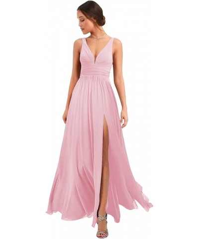 Women's Deep V Neck Bridesmaid Dresses with Slit 2023 Chiffon Pleats A Line Formal Party Dresses with Pockets YJ120 Pink $27....