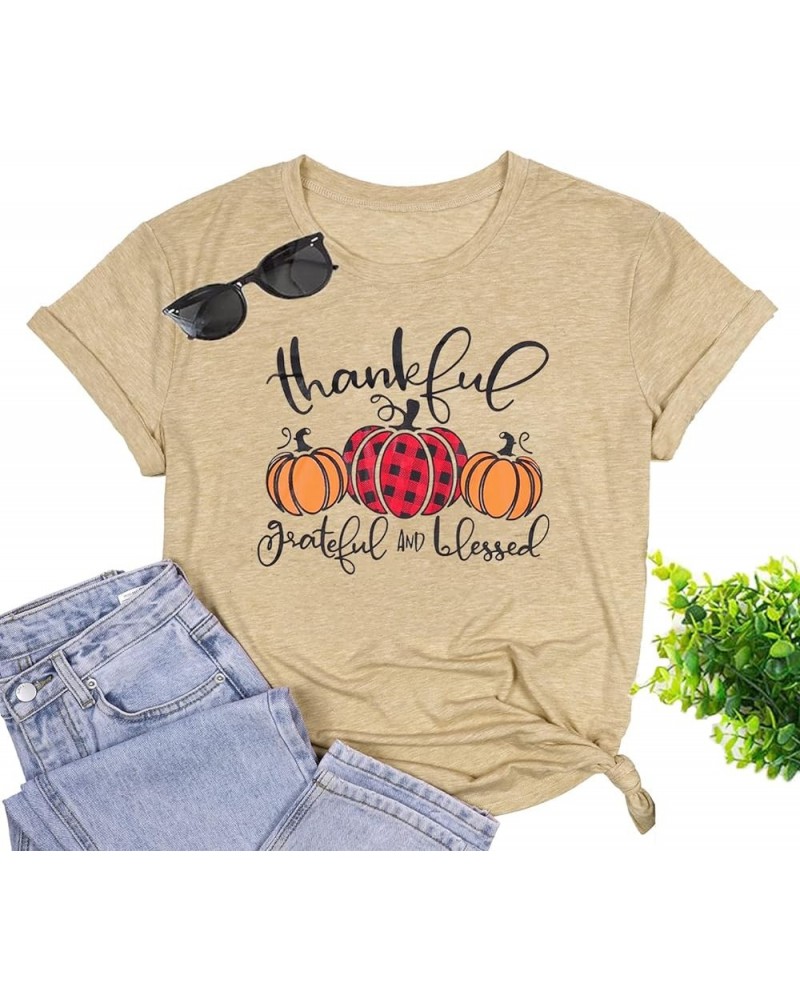 Thankful Grateful Blessed Shirts Women Thanksgiving Plaid Pumpkin T-Shirt Funny Fall Graphic Halloween Tee Tops Apricot $11.5...