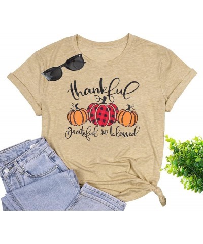 Thankful Grateful Blessed Shirts Women Thanksgiving Plaid Pumpkin T-Shirt Funny Fall Graphic Halloween Tee Tops Apricot $11.5...