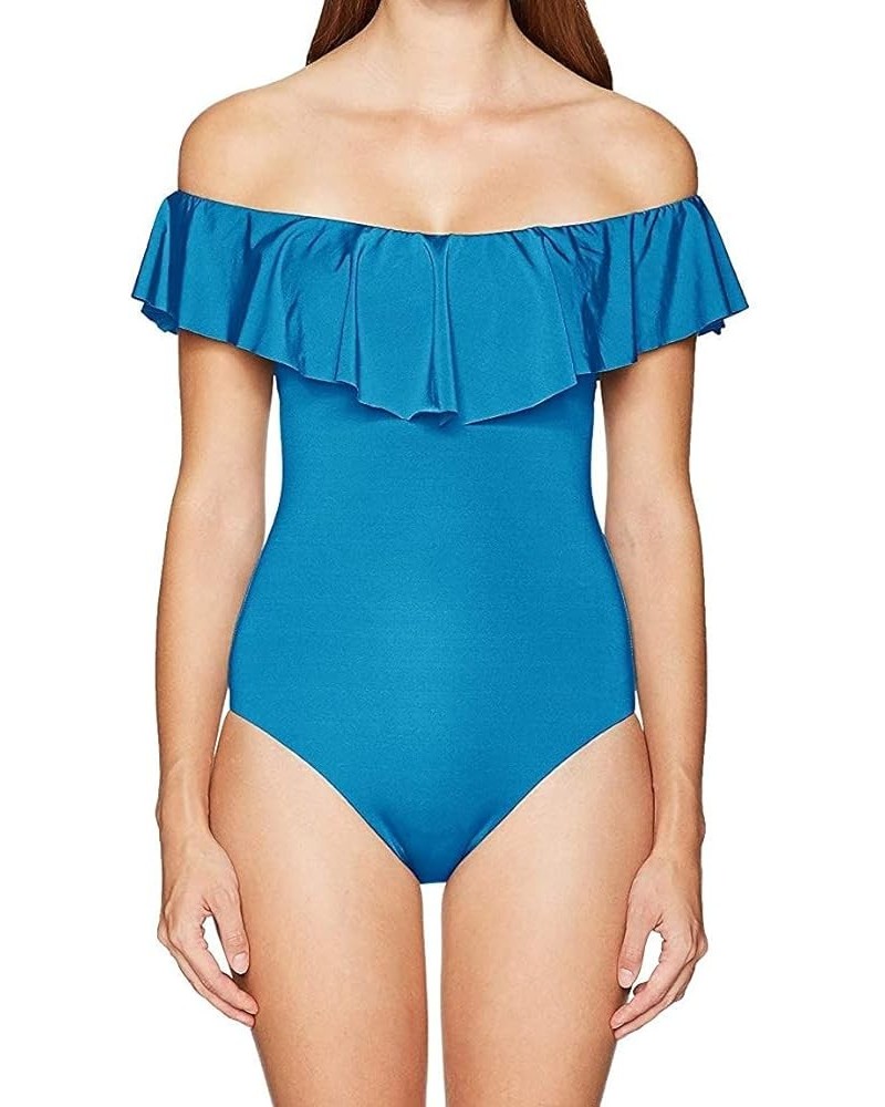 Women's Standard Off Shoulder Ruffle Bandeau One Piece Swimsuit Dark Teal//Getaway Solids $37.80 Swimsuits