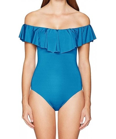 Women's Standard Off Shoulder Ruffle Bandeau One Piece Swimsuit Dark Teal//Getaway Solids $37.80 Swimsuits