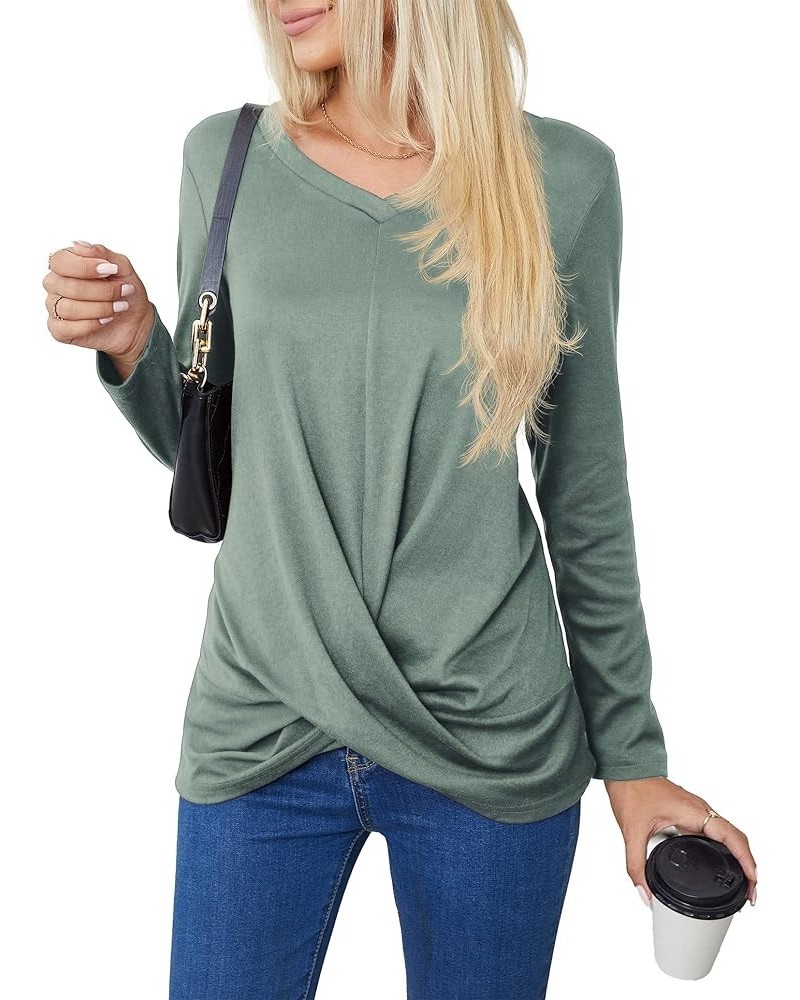 Women's Long Sleeve Tops 2024 Fall Winter Fashion Tunics Casual Front Twist T-Shirt V Neck Tunics Tops Green $12.59 Tops