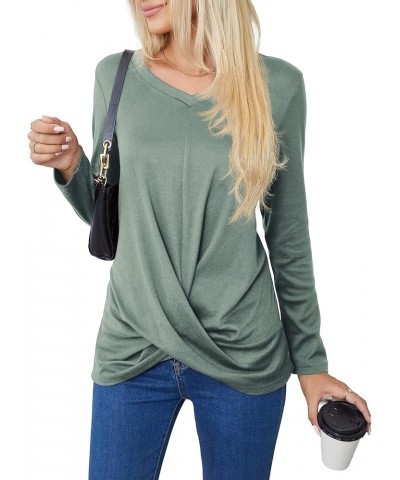 Women's Long Sleeve Tops 2024 Fall Winter Fashion Tunics Casual Front Twist T-Shirt V Neck Tunics Tops Green $12.59 Tops