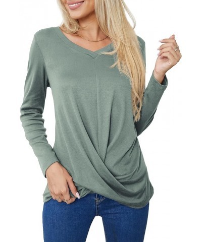 Women's Long Sleeve Tops 2024 Fall Winter Fashion Tunics Casual Front Twist T-Shirt V Neck Tunics Tops Green $12.59 Tops