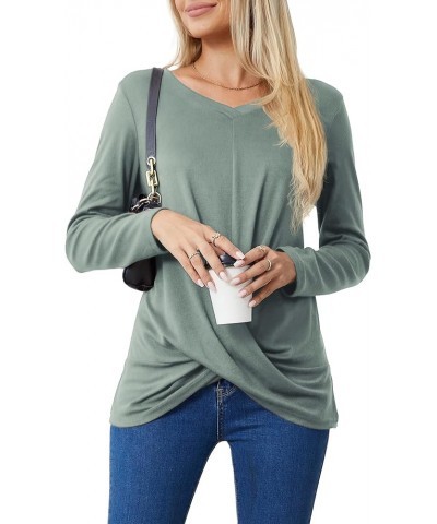 Women's Long Sleeve Tops 2024 Fall Winter Fashion Tunics Casual Front Twist T-Shirt V Neck Tunics Tops Green $12.59 Tops