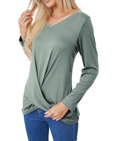 Women's Long Sleeve Tops 2024 Fall Winter Fashion Tunics Casual Front Twist T-Shirt V Neck Tunics Tops Green $12.59 Tops