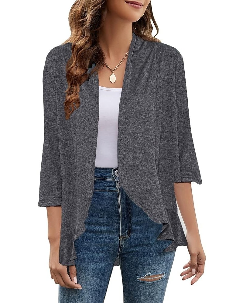 Women Cardigan 3/4 Sleeves Open Front Lightweight Cardigan Draped Ruffles Knit Cardigan Dark Gray $19.17 Sweaters