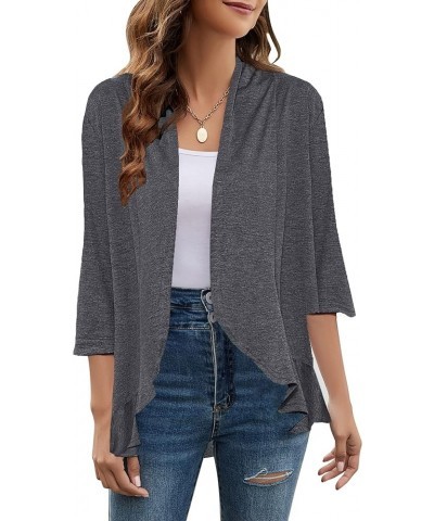 Women Cardigan 3/4 Sleeves Open Front Lightweight Cardigan Draped Ruffles Knit Cardigan Dark Gray $19.17 Sweaters