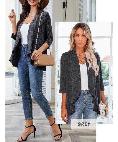 Women Cardigan 3/4 Sleeves Open Front Lightweight Cardigan Draped Ruffles Knit Cardigan Dark Gray $19.17 Sweaters