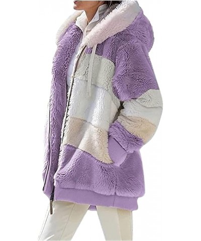 2024 New Contrasting Lamb Wool Padded Coat, Warm Plush Patchwork Zipper Pocket Hooded Loose Coat for Women Purple $7.93 Coats