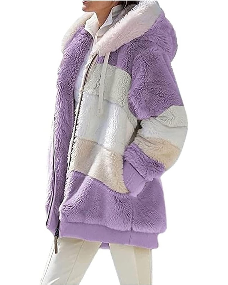 2024 New Contrasting Lamb Wool Padded Coat, Warm Plush Patchwork Zipper Pocket Hooded Loose Coat for Women Purple $7.93 Coats