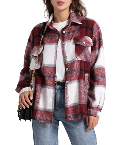 Women's Casual Plaid Button Down Wool Blend Long Sleeve Jackets Outerwear Burgundy $16.10 Coats