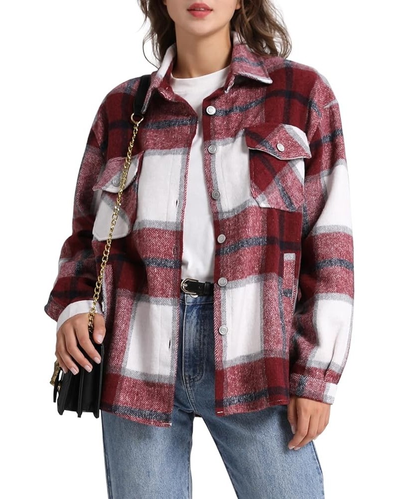 Women's Casual Plaid Button Down Wool Blend Long Sleeve Jackets Outerwear Burgundy $16.10 Coats