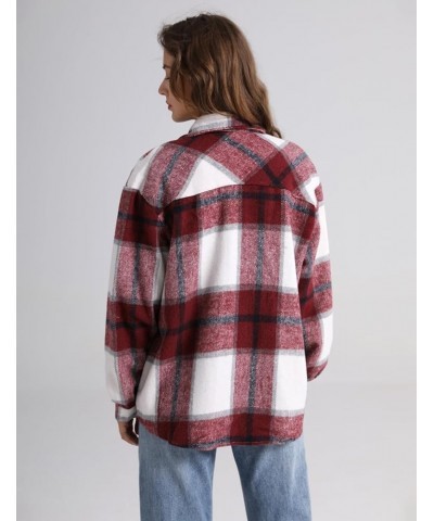 Women's Casual Plaid Button Down Wool Blend Long Sleeve Jackets Outerwear Burgundy $16.10 Coats