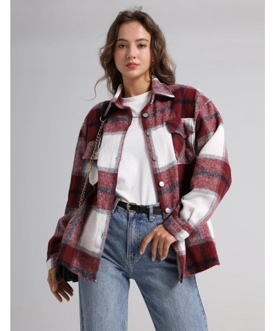 Women's Casual Plaid Button Down Wool Blend Long Sleeve Jackets Outerwear Burgundy $16.10 Coats