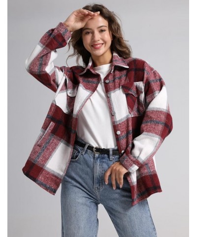 Women's Casual Plaid Button Down Wool Blend Long Sleeve Jackets Outerwear Burgundy $16.10 Coats