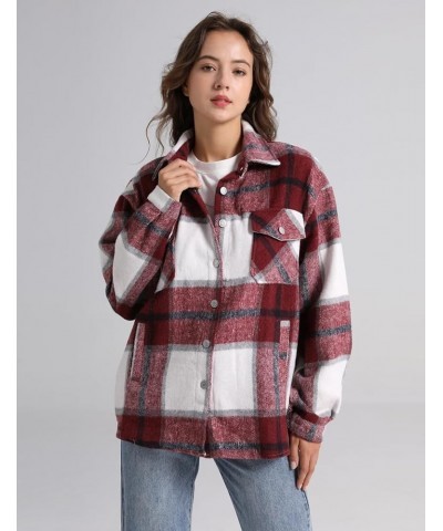 Women's Casual Plaid Button Down Wool Blend Long Sleeve Jackets Outerwear Burgundy $16.10 Coats